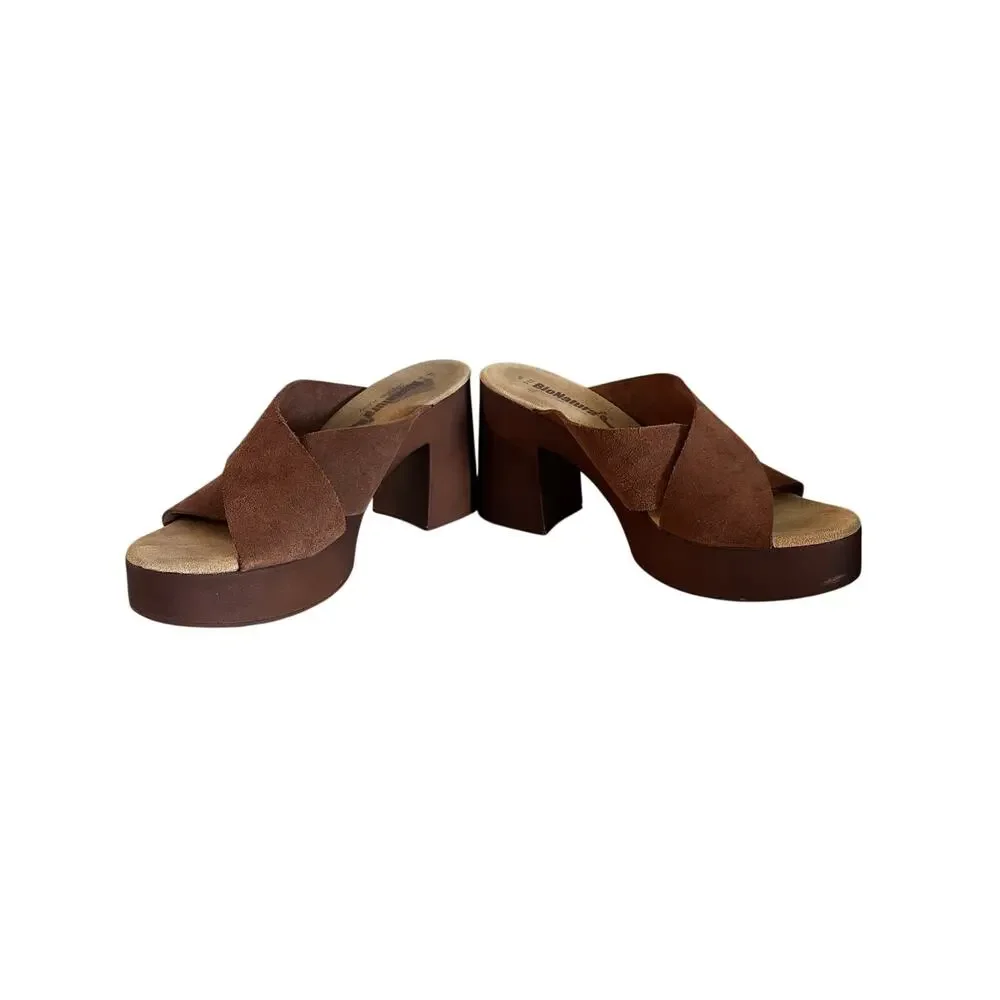 Bionatura Italy Brown Suede Platform Mule Sandals Chunky Heel EU 41 US 9.5